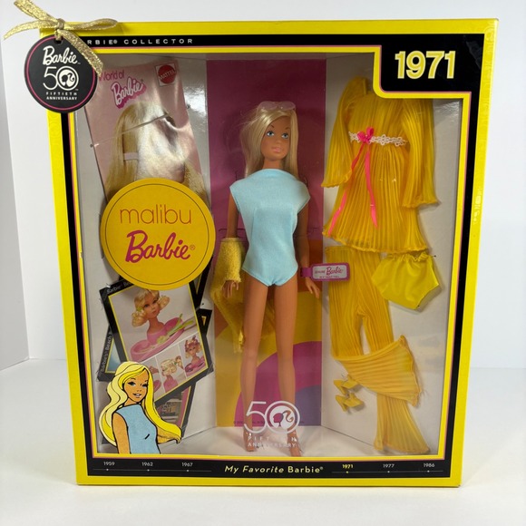 Barbie Other - 1971 Malibu Barbie 50th Anniversary Collector Doll Blonde Hair Aqua Swimsuit